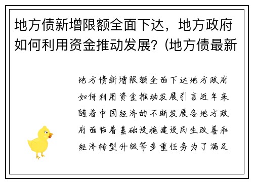 地方债新增限额全面下达，地方政府如何利用资金推动发展？(地方债最新政策)