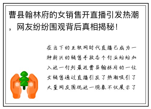 曹县翰林府的女销售开直播引发热潮，网友纷纷围观背后真相揭秘！