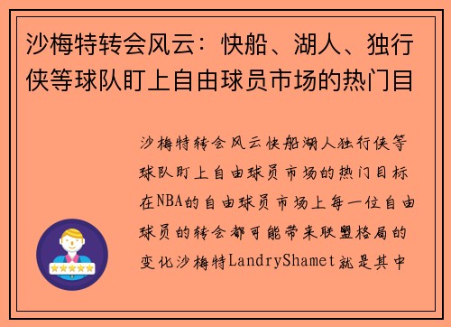 沙梅特转会风云：快船、湖人、独行侠等球队盯上自由球员市场的热门目标