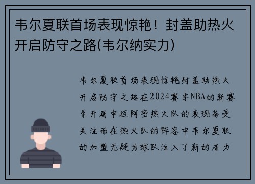 韦尔夏联首场表现惊艳！封盖助热火开启防守之路(韦尔纳实力)