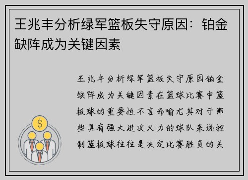 王兆丰分析绿军篮板失守原因：铂金缺阵成为关键因素