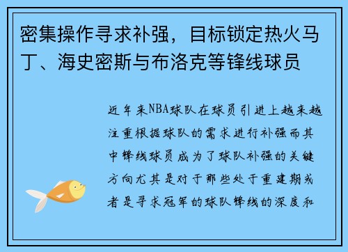 密集操作寻求补强，目标锁定热火马丁、海史密斯与布洛克等锋线球员