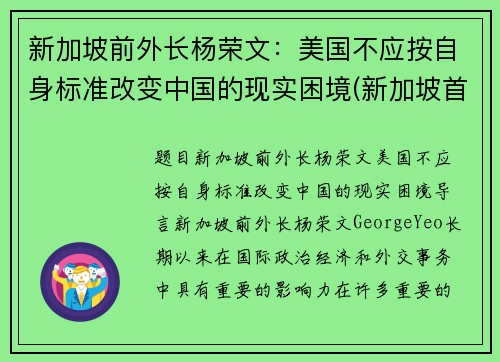 新加坡前外长杨荣文：美国不应按自身标准改变中国的现实困境(新加坡首富杨振兆)